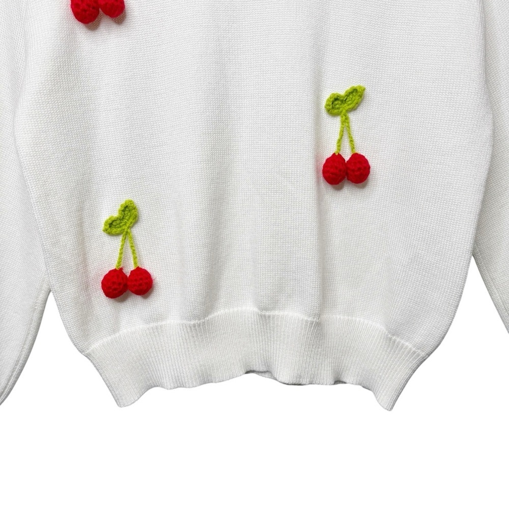 NEW On Twelfth White 3D Cherry Women’s Crew Balloon Sleeve Sweater Sz S - Picture 5 of 11